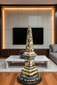 24" Marble Obelisk Pair Handcrafted Semi-Precious Stone Inlay Art for Room Decor - Picture 1 of 5