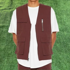 Forever 21 Men's Zip-up Utility Multi Cargo Pockets Brown Vest Size S - Picture 1 of 15
