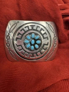 Native Sterling Belt Buckle Petit Point Turquoise Stamped Overlay Navajo R Scott - Picture 1 of 2
