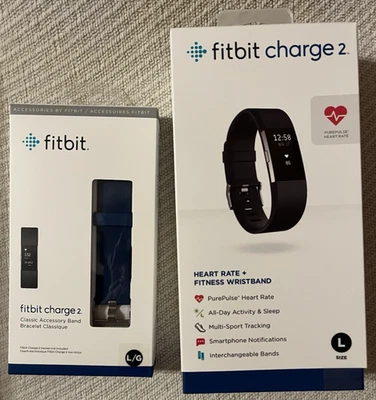 NUEVO EN CAJA Pulsera Fitbit Charge 2 Heart Fitness, Negra Lg y Bonus Lg Dk Banda Azul Foto 1 de 4