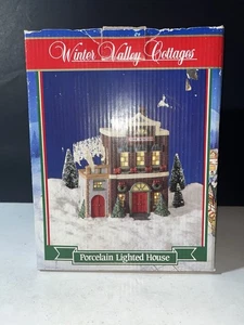 Christmas Winter Valley Cottages Porcelain LightedFire Station  House with Box - Picture 1 of 6