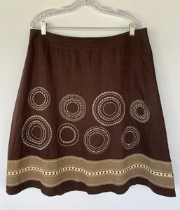 TALBOTS Women’s 100% Linen Skirt Embroidered Brown Tan Sz 16 Boho Beach Cottage - Picture 1 of 6