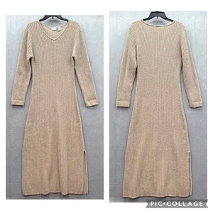 Y2K Beige Ribbed Angora Rabbit Fuzzy Midi Pencil Sweater Newport News Dress M - Picture 1 of 10