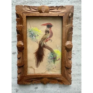 Antiker gerahmter Federvogel Handarbeit geschnitzter Holzrahmen 5x7 Volkskunst - Bild 1 von 6