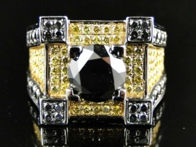 Anillo redondo de diamantes negros y citrino creado en laboratorio de 4 quilates para hombre acabado de oro amarillo de 14 k Foto 1 de 4