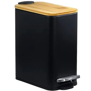 Bathroom Trash Can With Bamboo Lid Soft Close And Foot Pedal Small Rectangular S - Picture 1 of 7