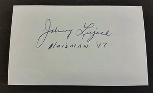 ~ JOHNNY LUJACK 3 x 5 Index Card ~ JSA Certified Autograph ~ 1947 Heisman N.D. - Imagen 1 de 3