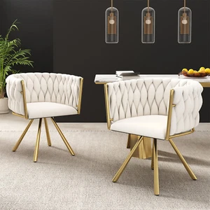Esszimmerstuhl 2er Set drehbar Polsterstuhl Drehstuhl mit Armlehne, Beige + Gold - Bild 1 von 7