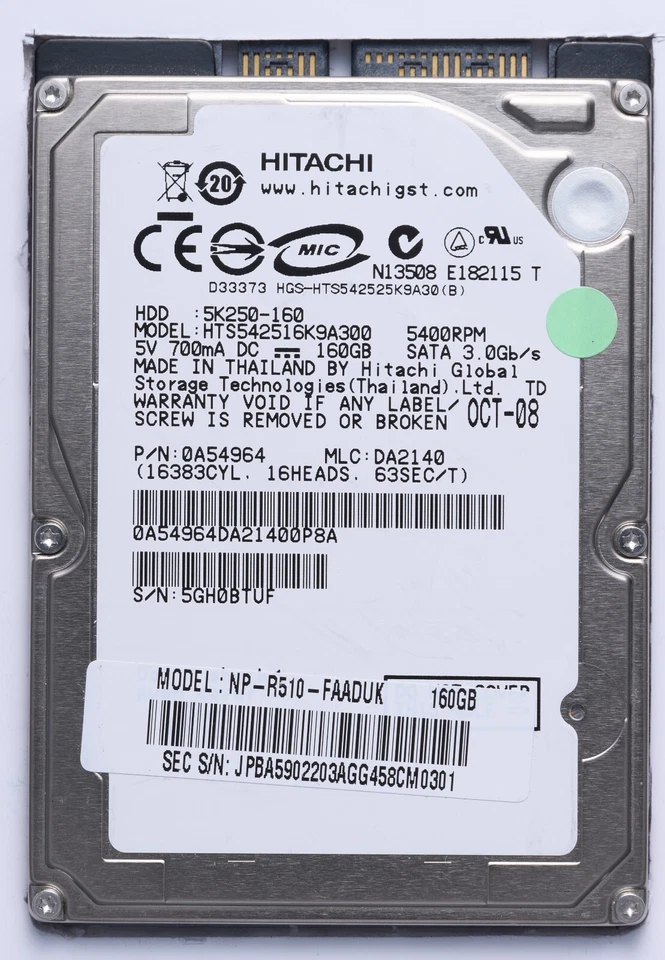 Hitachi 160GB SATA 2.5" Laptop HDD Model HTS542516K9A300 P/N 0A54964 - Image 1 of 2