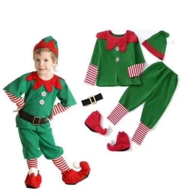Boys Kids Elf Costume Christmas Fancy Dress Xmas Santa Helper Outfits 100cm - Image 1 of 2