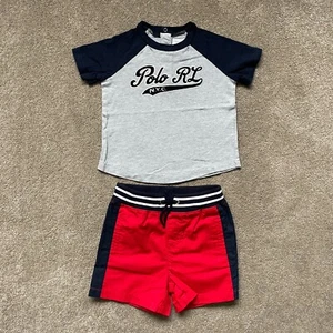 Ralph Lauren Boys Age 9m 9 Months Set Striped Grey Navy T-Shirt & Red Shorts - Picture 1 of 7