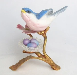 Hand Painted Porcelain Bluebird Bird with Nest Eggs Gold Metal Base Figurine - Picture 1 of 10
