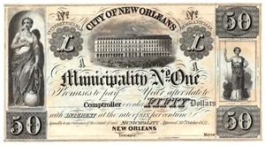 1837 $50 City of New Orleans, Municipality No. One Note - Choice AU! Scarce! - Picture 1 of 5