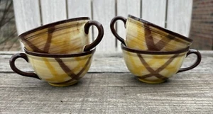4-Vernonware Kilns ORGANDIE MCM Coffee TEACUPS Yellow Brown Plaid MADE IN USA - Picture 1 of 11