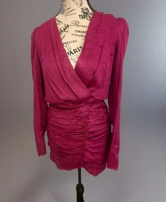 NEW Zara Women’s Satin Ruched Mini Dress Women Size XS Fuchsia w Black Polka Dot - Image 1 of 4
