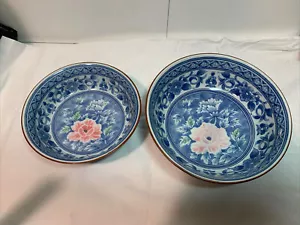 Vintage signierte chinesische blau & weiß Porzellan Schüssel S 2er Set mit erhöhter Blume - Bild 1 von 14