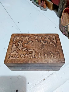 HANDCARVED MANGO WOOD BOX WITH A ELEPHANT DESIGN FROM INDIA- FAIRTRADE - Picture 1 of 11