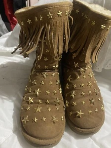 Jimmy Choo UGG Chestnut Leather Sheepskin Lined Fringe Stars Studded Boots Sz 5 - Picture 1 of 6