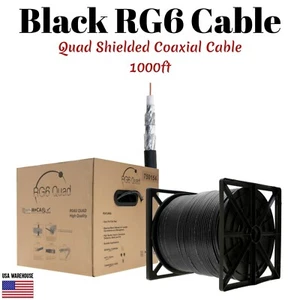 1000 ft RG6 cuatro escudos cable coaxial cable negro antena de TV satélite 18AWG a granel - Imagen 1 de 5