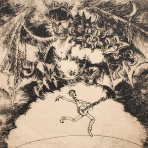 Gráfico Año Nuevo Guitarrista y Dragón Humor Grabado Sin Firmar 1972 - Imagen 1 de 4