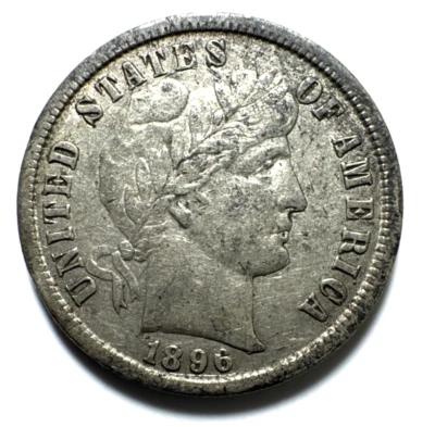 Серебряная монета номиналом 10 центов 1896 S с изображением Барбера США, редкая монета монетного двора Сан-Франциско в этом КЛАССЕ - Изображение 1 из 4