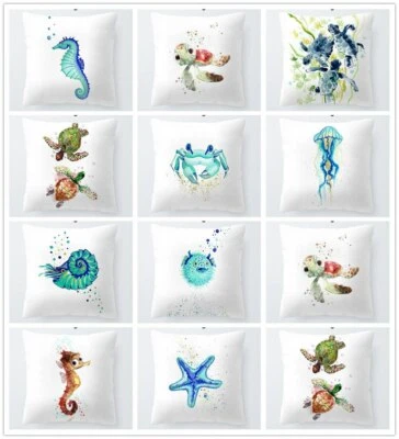 Watercolor Ocean Style Cushion Covers Crab Octopus Devil Fish Turtle Starfish - Image 1 of 4