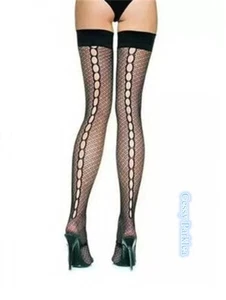 SN-B1-4 Black Patterned Back-Hole Fishnet Flapper Costume Tights Thigh Highs - Bild 1 von 3