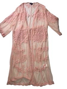 Racheal Pink Lace Mesh Embroidered Floral Kimono Duster Size S/M Boho Cardigan - Picture 1 of 8