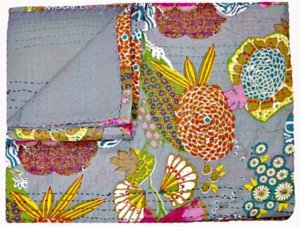 Indian Handmade Cotton Kantha Quilt Fruit Print King Size Bedspread Throw Blanke - Picture 1 of 2