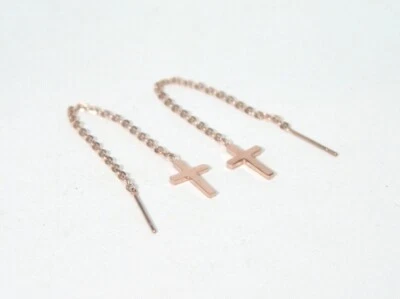 Pendientes enhebradores cruzados PVD oro rosa acero quirúrgico hipoalergénicos Foto 1 de 4