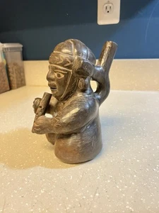 South American Moche Sitting Warrior Pottery Vessel Stirrup Spout Handle Whistle - Picture 1 of 10