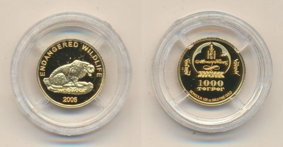 Mongolia: 2005 1/25oz 500 Tugrik 999 Gold Proof Endangered Wildlife Snow Leopard - Imagem 1 de 1