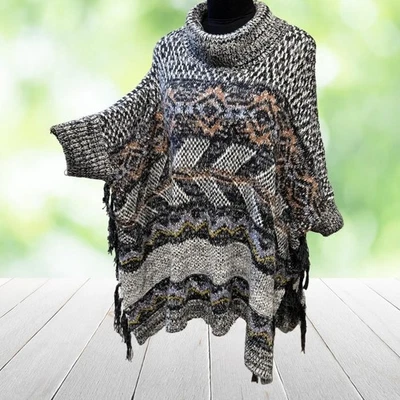 PILCRO Sweater Womens Large Multicolor Knit Oversized Turtleneck Poncho Fringe - Image 1 of 4
