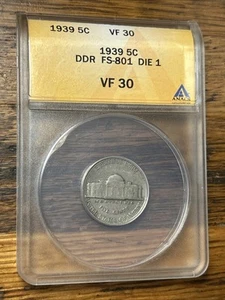 ANACS 1939 5c VF30 DDR FS-801 Jefferson Nickel 🇺🇸 - Picture 1 of 2