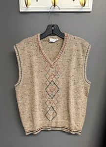Chaleco Suéter Grande Vintage Años 90 Para Mujer Mezcla de Lana Argyle Avena Tostado Marrón Top - Imagen 1 de 4