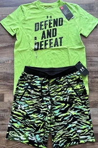 NWT Under Armour Boys YLG Yellow Green Camouflage Pennant Shorts Set Large - Picture 1 of 4