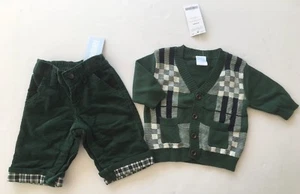 NWT Gymboree Holiday Trains 0-3 Months Green Corduroy Pants & Cardigan Sweater - Picture 1 of 1