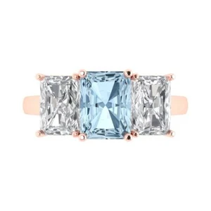4Ct Emerald Cut Natural Sky Blue Topaz 3 Stone Engagement Ring, 14K Rose Gold - Picture 1 of 11