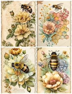 Set of 4 Vintage Bees & Flowers Collage #2 - Craft Sewing Cotton Fabric Blocks - Picture 1 of 1