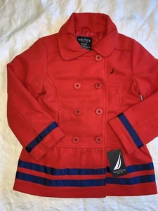 NWT Nautica Girls Red Fleece Ribbon Trimmed Peacoat - Size 4 - Picture 1 of 7