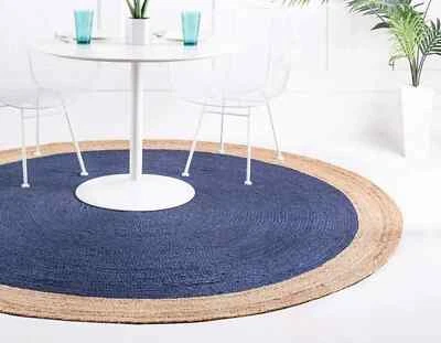Jute Round Rug Handmade Reversible Blue Dye Non Slip Farmhouse Guesthouse Carpet - Image 1 of 4