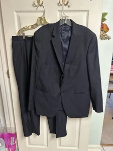 Tasso Elba Wool Men 42r Black Striped 2PC Suit Pleated Pants 39x29 Macys Jacket - Picture 1 of 16