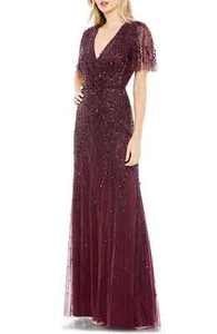 New Mac Duggal Beaded Leaves Sequin Butterfly Sleeves Burgundy Gown Size 18 - Picture 1 of 7