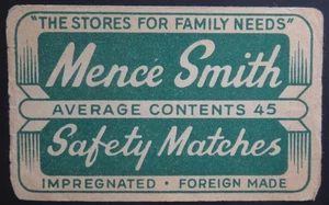 MENCE SMITH Foreign made Vintage Match United Kindom - England Matchbox Label - Bild 1 von 1