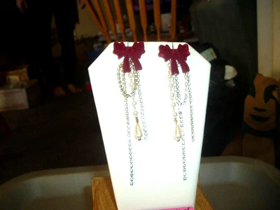 BURGUNDY VELOUR BOWKNOT Long RHINESTONES PEARLS Betsey Johnson Pierced EARRINGS - Image 1 of 3