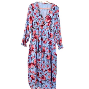 Women’s XXL Boho Maxi Dress Deep V Neck Long Sleeve Tiered Ruffles Blue Floral - Picture 1 of 11
