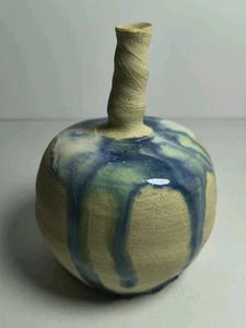 Vaso vaso vaso beccuccio alto in ceramica gres smaltato a goccia blu fatto a mano firmato - Foto 1 di 7