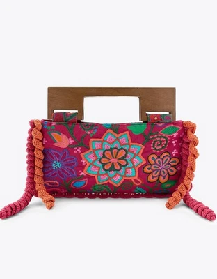 ZARA EMBROIDERED FLORAL BAG FUCHSIA WOODEN HANDLE NEW SS25 REF. 4751/018/630 - Image 1 of 4