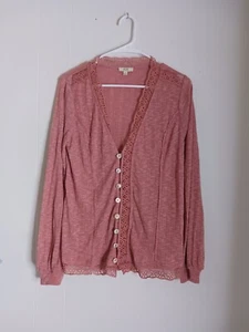 KORI AMERICA Small Womens Relaxed Fit Cardigan Pink Long Sleeve Lace Tops Shirt - Picture 1 of 8
