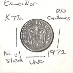 Ecuador K77c, 20 Centavos UNC Nickel-Steel 1972 - Picture 1 of 2
